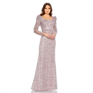 Mac Duggal 11187 NWOT EMBROIDERED APPLIQUE SHOULDER DETAIL TRUMPET GOWN Mocha